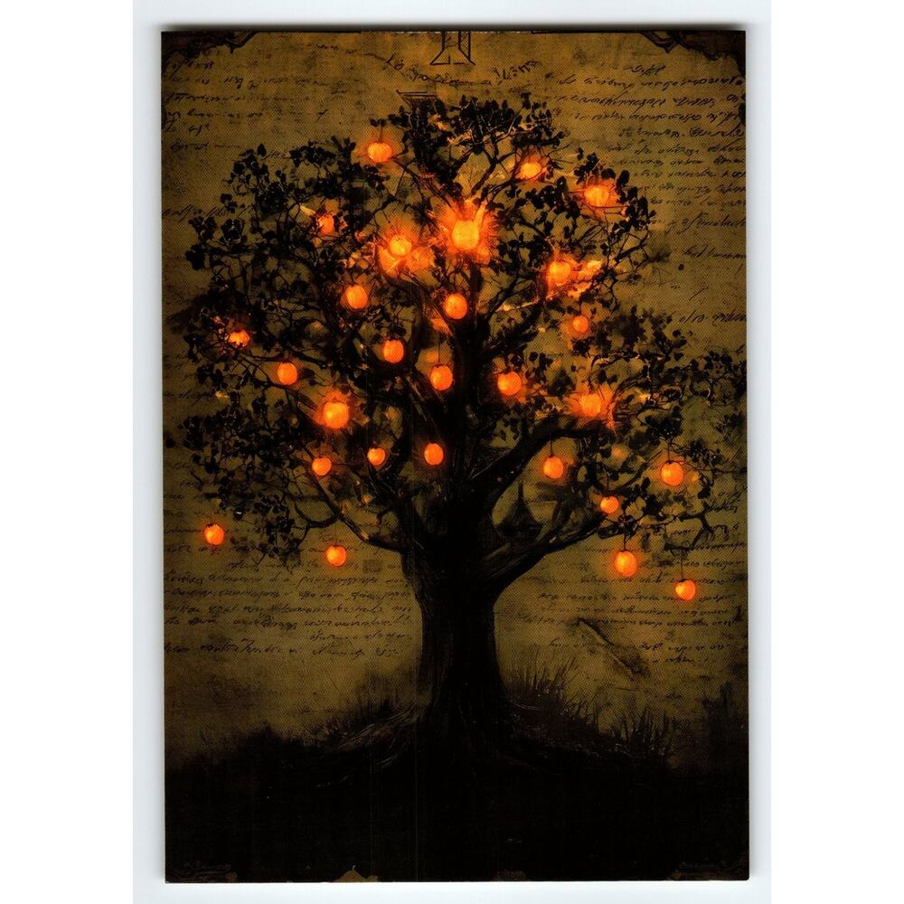 Vintage Halloween Tree Postcard with Glowing Pumpkin Lanterns 5.5x4"